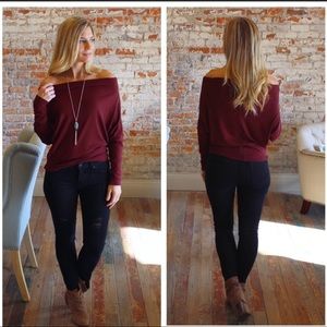 S\M NWT plum maroon off shoulder long sleeve top